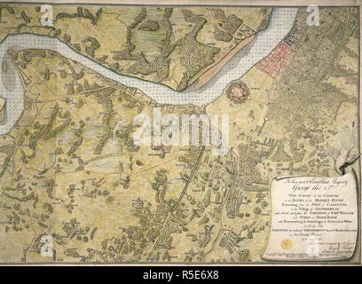 A survey of the country on the banks of the Hughly River, from the town of Calcutta of Ooloobareah, and which includes the fortress of Fort William and works at Budge Budge. A 'survey of the country on the banks of the Hughly River, from the town of Calcutta of Ooloobareah, and which includes the fortress of Fort William and works at Budge Budge, also representing the soundings of the river at low water in spring tides, surveyed by order of Government 'twixt the years 1780 and 1784;'... ca. 1780-1784. Source: Maps K.Top.115.37. Language: English. Stock Photo