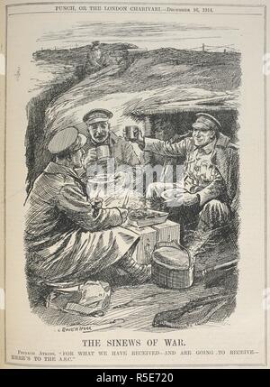 'The sinews of war'. 'Private Atkins. 'For what we have received - and what we are going to receive-Here's to the A.S.C.' A cartoon showing British soldiers drinking tea in trench, during the First World War. Punch or the London charivari. London, 1914. Source: C.194.b.199 16 December 1914, page 491. Author: Raven-Hill, Leonard. Stock Photo