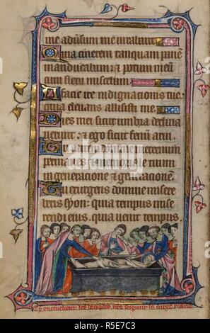 Bas-de-page scene of the disciples placing the Virgin Mary in a tomb. Book of Hours, Use of Sarum ('The Taymouth Hours'). England, S. E.? (London?); 2nd quarter of the 14th century. Source: Yates Thompson 13, f.134v. Language: Latin and French. Stock Photo