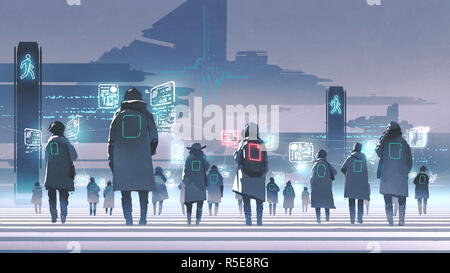 futuristic concept showing crowd of people walking on city street, digital art style, illustration painting Stock Photo