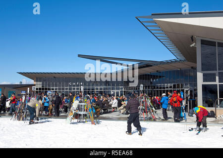 Outdoor cafe/restaurant, Coronet Peak Ski Field, Queenstown, Central Otago, South Island, New Zealand Stock Photo