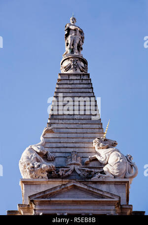 The only London statue of King George 1st tops the steeple of St George's Church in Bloomsbury Way. Weathered, its head bears a lightning conductor. Stock Photo