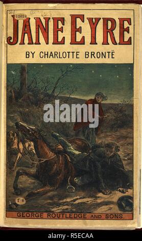 Colour illustration. Edward Rochester with his fallen horse, in front of Jane Eyre. The first encounter of the two main characters of the novel. Jane Eyre. London : G. Routledge & Sons, 1889. Source: 12624.f.8, (2.) p. front cover. Author: BrontÃ«, Charlotte. Stock Photo