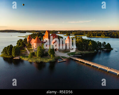 Aerial view of Trakai Island Castle, located in Trakai, Lithuania. Beautiful view from the above on summer sunset.