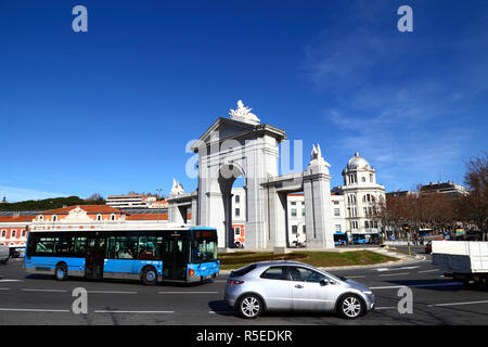 Number 62 Public bus on roundabout in front of Puerta de San Vincente and Principe Pio station, Madrid, Spain Stock Photo