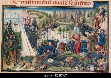 Battle of Hastings. Chronique de Normandie. France [Rouen]; 2nd half of 15th century. [Miniature only] After the Battle of Hastings; the victorious Normans leave their tents, while relatives of the English soldiers seek their dead, and four monks carry Harold's body to Waltham Abbey for burial  Image taken from Chronique de Normandie.  Originally published/produced in France [Rouen]; 2nd half of 15th century. . Source: Yates Thompson 33, f.167. Language: French. Stock Photo