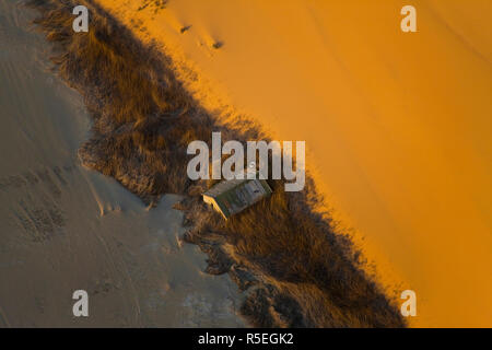 Hut buried by sand, Aerial view, Skelton Coast, Namib Naukluft Nat Park, Namib Desert, Namibia Stock Photo