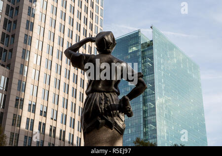 CHARLOTTE, NC - November 25, 2016:  Closeup of a sculpture on The Square in Uptown Charlotte with bank buildings in the background.