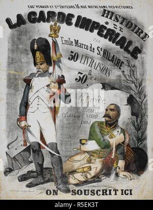 'Histoire de la garde imperiale'. Colour illustration showing a French Napoleonic grenadier of the imperial old guard, holding an imperial eagle. A wounded dragoon is on the ground. [A collection of illustrated advertisements and prospectuses of French publications]. Paris, 1850 -55. Source: N.Tab.2008/3, no.10. Stock Photo