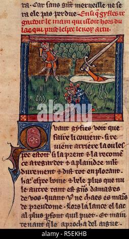 (Miniature and text) Gifflet returns Excalibur to the lake at the dying Arthur's command; a hand rises from the water to receive the sword. La Mort le Roi Artus. France; circa 1316. Source: Add. 10294, f.94. Language: French. Stock Photo