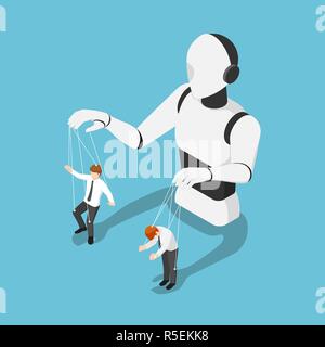 Flat 3d isometric Ai robot controlling businessman like a puppet. Artificial intelligence technology concept. Stock Vector