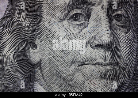 Benjamin Franklin portrait macro usa hundered dollar banknote or bill. Stock Photo