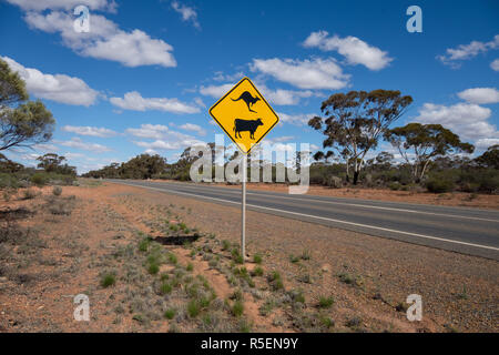 Cow and kangaroo crossing warning sign in rural Western Australia. Stock Photo