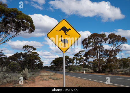 Kangaroo and emu crossing warning sign in rural Western Australia. Stock Photo