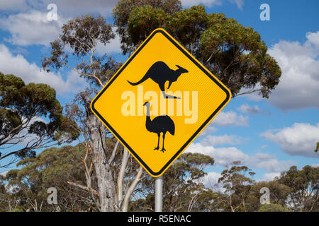 Kangaroo and emu crossing warning sign in rural Western Australia. Stock Photo