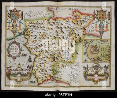 Merionethshire described 1610. A map of Merionethshire; inset, the town of Harlech. The Theatre of the Empire of Great Britain. London : John Sudbury & George Humble, 1611. Source: Maps C.7.c.20.(2.), f.117. Author: SPEED, JOHN. Stock Photo