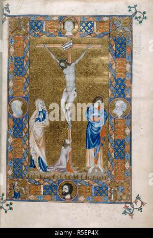 The Crucifixion. Gorleston Psalter. England [Gorleston, co. Suffolk]; 1310-1325. [Whole folio] Christ on the Cross, with the Virgin, Mary Magdalene. and St John. Decorated border of heraldic bands with the royal arms of England and France, roundels with heads of a king and three bearded men, and in the corners, quatrefoils with the evangelist symbols  Image taken from Gorleston Psalter.  Originally published/produced in England [Gorleston, co. Suffolk]; 1310-1325. . Source: Add. 49622, f.7. Language: Latin. Stock Photo