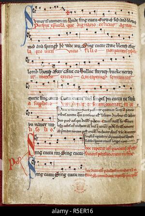 'Sumer is icumen in', a vocal composition for several voices; it is probably the most celebrated piece of English medieval music. The melody is one of the earliest known examples of what is now the major mode, and the earliest example of ground-bass. Besides the English secular text 'Sumer is icumen in', the melody is provided with a Latin sacred one 'Perspice Christicola', and it is the earliest known manuscript in which both secular and sacred words are written to the same piece of music. Summer Canon [Reading Rota]. England [Reading Abbey, co. Berks.]; mid 13th cent. Source: Harley 978, f.1 Stock Photo