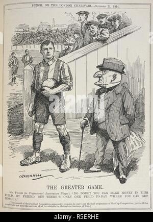 'The greater game'. A cartoon depicting Mr Punch suggesting to a footballer that he 'join up' to fight for his country rather than play football. Punch or the London charivari. London, 1914. Source: C.194.b.199 21 October 1914, page 331. Author: Raven-Hill, Leonard. Stock Photo