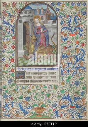 Miniature Of Margaret Of Antioch Emerging From The Satan Disguised Dragon Holding The Cross Which Enabled Her Freedom Between Her Hands In Prayer With An Illuminated Initial E Rat And A Full Foliate Border Book