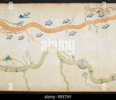 A section from an eighteenth century picture map which shows the whole thousand mile length of the canal on a long roll. Grand Canal (China). 18th century. Source: Or. 2362, detail. Language: Chinese. Stock Photo