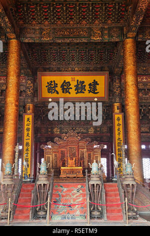 China, Beijing, Palace Museum or Forbidden City, Emperors Throne in Hall of Supreme Harmony Stock Photo