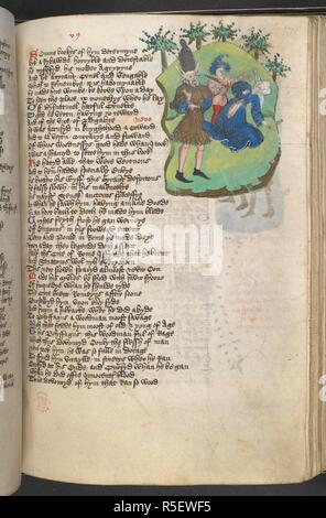 Nero, with a triple crown and ass's ears, watching a man attack Agrippina and disembowel her. The Fall of Princes , abridged. England, S. E. (probably Suffolk, possibly Bury St Edmunds); c. 1450 - c. 1460. Source: Harley 1766, f.171. Language: English. Author: BOCCACCIO, GIOVANNI. LYDGATE, JOHN. Stock Photo