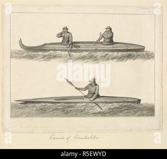 Canoes of Oonalashka. Drawn by John Webber and engraved by William Angus. Two drawings of canoeists off the Alaskan coast. The two figures in the top canoe come from Prince William Sound and are wearing the cone-shaped headwear. The canoeist below is a native of Unalaska and is wearing a visor. Both drawings show the skin-hoop fastened to the men's frocks and worn to keep water out of the kayak. A collection of drawings by A. Buchan, S. Parkinson, and J. F. Miller, made in the Countries visited by Captain James Cook in his First Voyage [1768-1771], also of prints published in John Hawksworth's Stock Photo