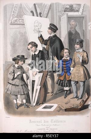 A group of children, with paints and sketches. Gazette of Fashion (containing plates from Journal des Tailleurs). London, 1855. Source: Gazette of Fashion. December 1855, 2nd plate. Stock Photo