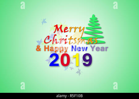 Merry Christmas and Happy New Year 2019 with color full Lettering design on the lite green background. Stock Photo