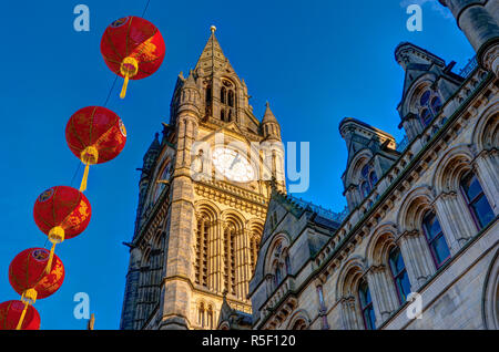 UK, England, Greater Manchester, Manchester, Albert Square, Manchester Town Hall with Chinese Lanterns celebrating Chinese New Year Stock Photo