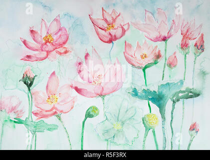 Lotus flowers, leaves and buds on a green background. The dabbing technique near the edges gives a soft focus effect due to the altered surface ro Stock Photo