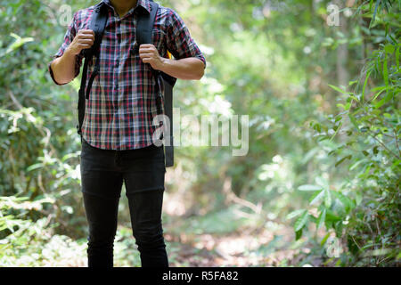 Backpackers are walking in the woods. Stock Photo