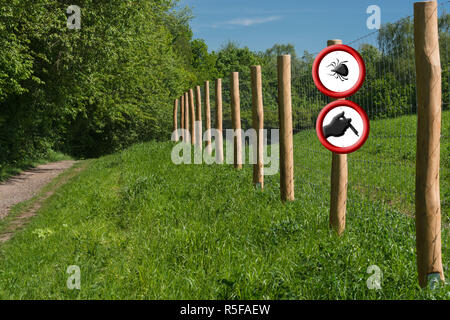 two round red warning signs on a fence post in front of a green meadow. Stock Photo