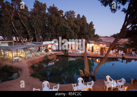 Tunisia, Ksour Area, Ksar Ghilane, Grand Erg Oriental Desert, oasis spring and cafes Stock Photo