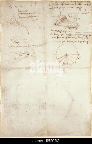 Leonardo da Vinci's notes. Notebook of Leonardo da Vinci. early 16th century. (Whole folio) Notes and diagrams by Leonardo da Vinci  Image taken from Notebook of Leonardo da Vinci.  Originally published/produced in early 16th century. . Source: Arundel 263, f.126v. Language: Italian. Stock Photo