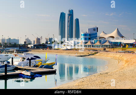 United Arab Emirates, Abu Dhabi,Etihad Towers from Abu Dhabi International Marine Sports Club Stock Photo