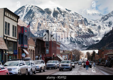 USA, Colorado, Telluride, Main Street and Ajax Peak, winter Stock Photo