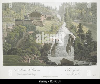 A couple walk by a waterfall, with the spa town of Bad Gastein surrounded by fir trees on a rocky hillside in the background. Les Bains de Gastein dans le PaÃ¿s de Salzbourg = Bad Gastein im Salzburgischen. Mannheim : beÃ¿ D. Artaria, [1807]. Hand-coloured aquatint and etching. Source: Maps 7.Tab.64.(3.). Language: French and German. Stock Photo