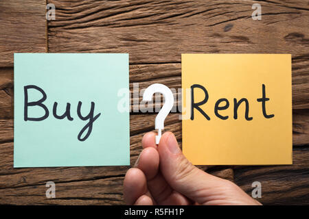 Hand Holding Question Mark Amidst Buy And Rent On Notes Stock Photo