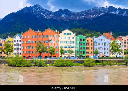 City of Innsbruck colorful Inn river waterfront panorama Stock Photo