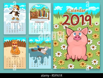 Calendar for 2019 with cartoon funny animals, hand drawing, vector illustration. Colorful, bright design of a wall-mounted rocker calendar with painte Stock Vector