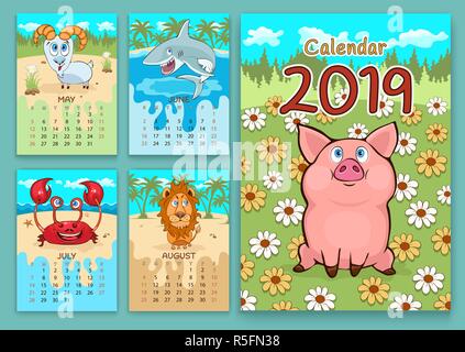 Calendar for 2019 with cartoon funny animals, hand drawing, vector illustration. Colorful, bright design of a wall-mounted rocker calendar with painte Stock Vector