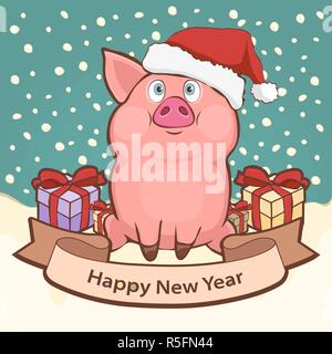 Happy New Year card, poster, banner with a cute funny pig in santa hat and gift boxes amid falling snow, place for congratulations, vector illustratio Stock Vector