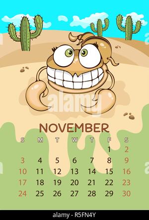 Calendar for 2019 with cartoon funny animals, hand drawing, vector illustration. Colorful, bright design of a wall-mounted rocker calendar with painte Stock Vector