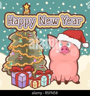 Happy New Year card, poster, banner with a cute funny pig, decorated Christmas tree and gift boxes amid falling snow, vector illustration in retro sty Stock Vector