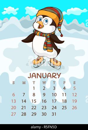 Calendar for 2019 with cartoon funny animals, hand drawing, vector illustration. Colorful, bright design of a wall-mounted rocker calendar with painte Stock Vector