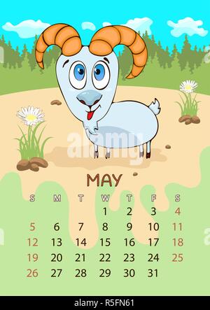 Calendar for 2019 with cartoon funny animals, hand drawing, vector illustration. Colorful, bright design of a wall-mounted rocker calendar with painte Stock Vector