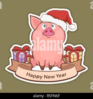 Happy New Year sticker, card with a cute funny pig in Santa hat, gift boxes and greeting tape with a white stroke isolated on green background, vector Stock Vector