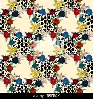 Flower on animal skin leopard prints seamless pattern vector,design for fashion,fabric,wallpaper and all prints on brown background color eps10 Stock Vector